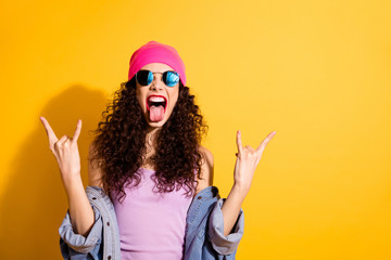 Lets party. True modern rocker concept scream have event concert party wear pink stylish cap good youth look isolated over yellow color background