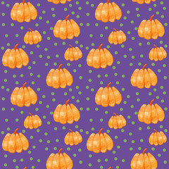 Hand drawn seamless pattern watercolor orange pumpkin with green circle isolated on violet background. Halloween symbol for textile, wallpaper, wrapping.