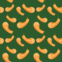 Hand drawn seamless pattern watercolor orange pumpkin isolated on green background. Halloween symbol for textile, wallpaper, wrapping.