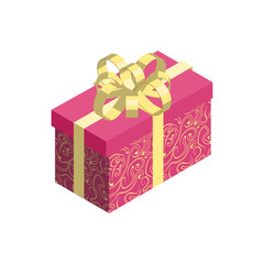 Gift box icon with red pattern wrapping and golden bow isolated on white background. Isometric vector illustration.