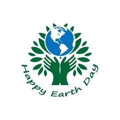 Happy earth day lettering poster on blurred background. Earth day logo for posters, banners, cards, postcards. Earth day concept with branches and leaves. EPS 10