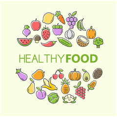 natural healthy food and vegetablrs vector background with flat icons design