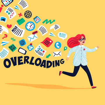 Input overloading. Information overload concept. Young woman running away from information stream. Concept of person overwhelmed by information. Colorful vector illustration in flat style.