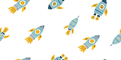 Childish seamless pattern with hand drawn rockets