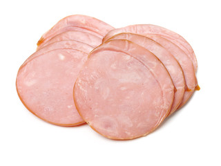 cooked boiled ham sausage on white background
