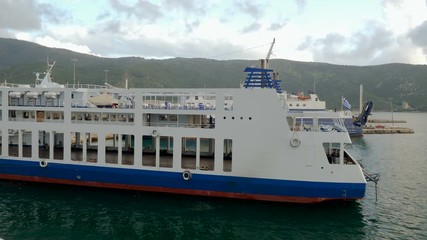 Ferry without people moored on the Mediterranean coast in Greece. 4K