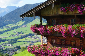 schönes traditionelles Bauernhaus mit Blumenpracht in Alpbach, Tirol, Austria