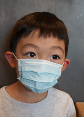 The young Asian boy wearing the surgical mask to protect the germ spreading from the air.
