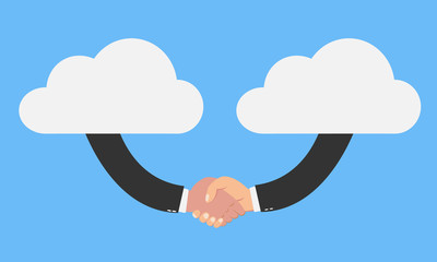 Business people shaking hands from white cloud isolated on blue background