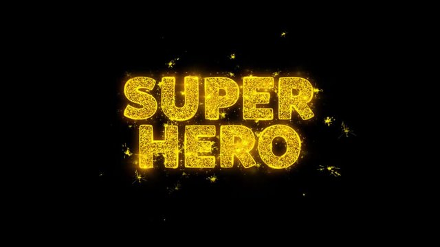 Super Hero Text Sparks Glitter Particles on Black Background. Sale, Discount Price, Off Deals, Offer promotion offer percent discount ads 4K Loop Animation.