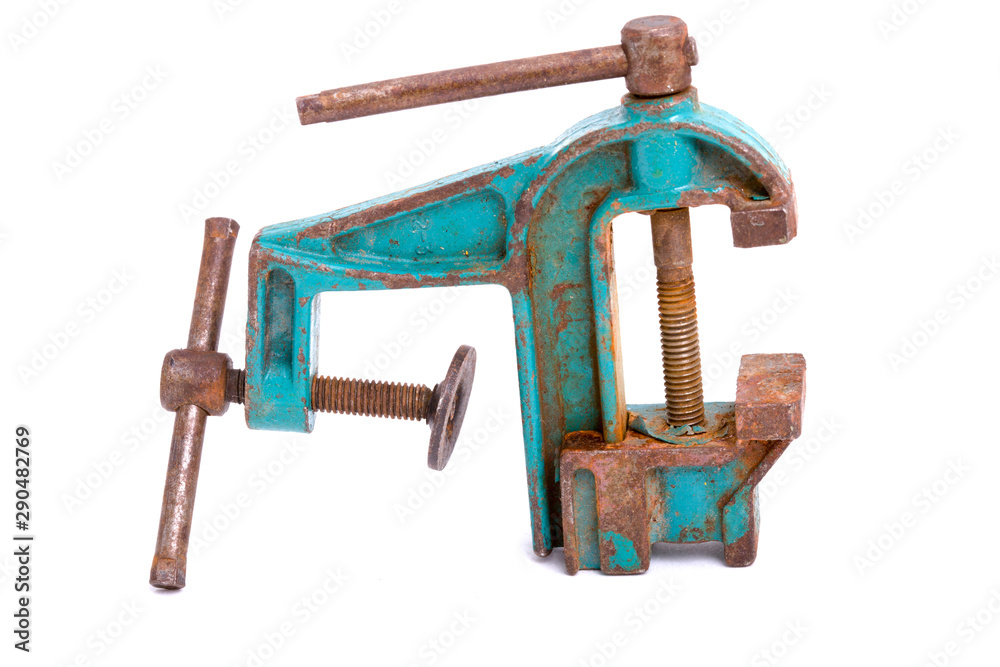 Poster old rusty vise isolated on a white
