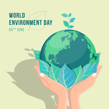 world environment day banner with hand hold leaf and seed plant on circle earth world vector design