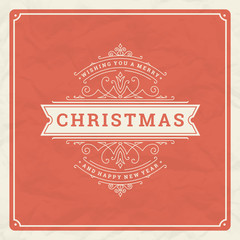 Christmas and happy new year text greeting card vintage typographic design, ornate decoration with winter holidays wish