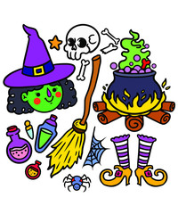 Cute cartoon halloween witch set