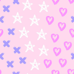 Stars, hearts, crosses seamless pattern. Vector brush strokes shapes. Pastel colored romantic wallpaper.	