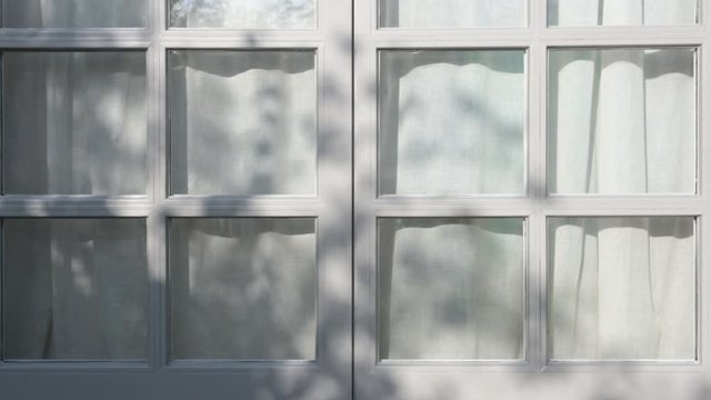 Hell grau Holzfenster, fenster, Sprossenfenster als Hintergrund. Die Sonne wirft leichte Schatten von B&auml;umen, die sich leicht bewegen.