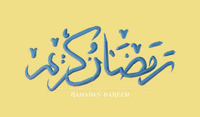 Ramadan Kareem, meaning Generous Ramadan. Blue Greeting Card Design on Yellow Background. Low Poly Vector 3D Rendering