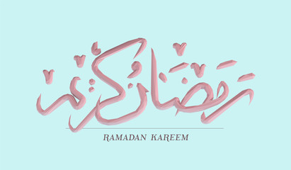 Ramadan Kareem, meaning Generous Ramadan. Pink Pastel Greeting Card Design on Isolated Blue Background. Low Poly Vector 3D Rendering