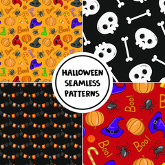 Set of colorful Halloween seamless patterns for greeting card, gift box, wallpaper, fabric, web design.