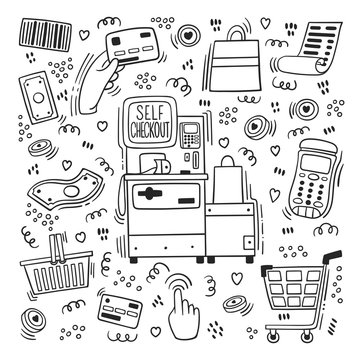 Self-service Cashier Or Terminal Doodle Style. Vector Set On 'Self Checkout' Shop Cashier Outline. Self Service Cash Desk With Cash Machine, Money Bill, Plastic Card,  Check, Hand With Card