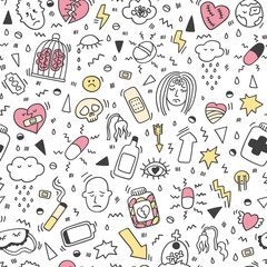 Depression doodles pattern. Heartbreak pattern. Sad texture. Depression signs and symptoms. Concept of stress, sadness, depression, metaphor isolated on white background. Unhappy backdrop vector