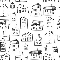 House seamless pattern. Doodle vector pattern with various houses. Village texture cartoon style. Fun outline colorful houses. Vector texture for textile, wrapping, fabric and other surfaces.