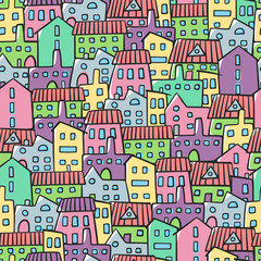 House seamless pattern. Doodle vector pattern with different houses. Village texture cartoon style illustration. Fun colorful houses. Vector texture for textile, wrapping, fabric and other surfaces.