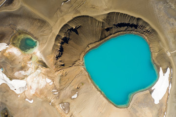 Aerial view of small volcanic Krafla lake with azure water,Iceland
