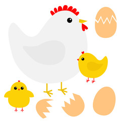 Hen chicken broken cracked egg bird icon. Happy Easter. Cute cartoon funny kawaii baby chick character. Flat design. Greeting card. Yellow color. White background. Isolated.