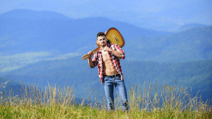 Hit Music Only. western camping and hiking. happy and free. cowboy man with bare muscular torso....