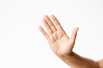 front view of male hand in a holding or stop gesture isolated in a white background