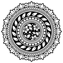 Circular pattern in form of mandala with flower for Henna, Mehndi, tattoo, decoration. Decorative ornament in ethnic oriental style. Outline doodle hand draw vector illustration.