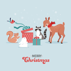 Cute forest animals, winter and Christmas scene with deer, bunny, raccoon, bear and squirrel. Perfect for banner, greeting card, apparel and label design. Vector illustration