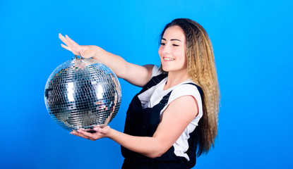Fototapeta premium Best party. new year holiday. event manager. night life concept. ready for having fun. happy birthday party. disco dancing. celebrating the holiday. girl with disco ball. party goer. lets dance