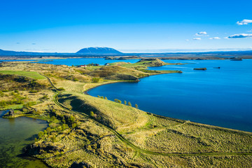 Naklejka premium volcanic craters in Iceland aerial view from above, Myvatn lake