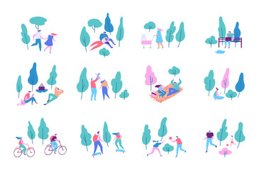 Leisure outdoor activities - riding bicycles, playing ball, reading, skating, sitting on bench with laptop, eating on picnic, walking. Various people at spring or summer park. Flat Vector background