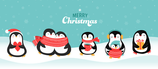 Cute hand drawn penguins collection, Merry Christmas greetings. Vector illustration