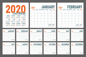 Calendar 2020. English calender template. Vector square grid. Office business planning. Creative design