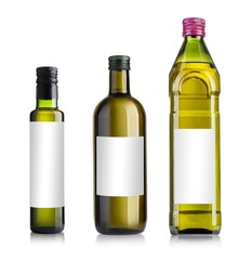 Olive or sunflower oil glass bottles set, on white background 3d illustration