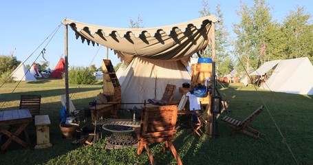 Rocky Mountain Man Rendezvous tent camping. 19th century fur trading outpost. Oregon, California and Mormon Trails. Pioneer, wilderness attire, camping and  old trapper skills.