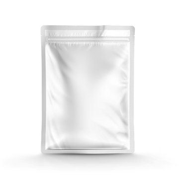 White blank foil food pack stand up pouch bag packaging with zipper mock up, 3d illustration