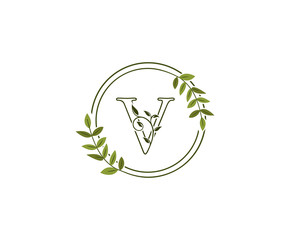 Circle nature letter V leaf icon logo design concept, floral logo V icon design.