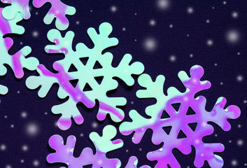 Trending neon snowflakes on dark background. Christmas pattern. 3D holographic effect. Winter concept. Cold, ice