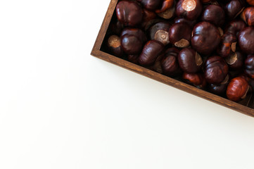 Autumn decoration with brown chestnuts in dark wooden box. Arrangement on white table. Copy space.