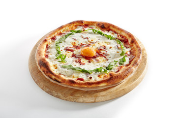 Pizza Carbonara with Bacon Isolated on White Background