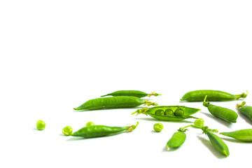Pods of green peas and pea isolated on a white. The concept of vegetarian food.