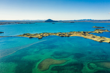 volcanic craters in Iceland aerial view from above, Myvatn lake