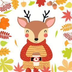 Obraz na płótnie Canvas Hand drawn vector illustration of a cute deer in autumn, wearing sweater, with coffee cup, leaves frame. Isolated objects on white background. Scandinavian style flat design. Concept children print.