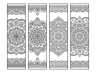 Printable bookmark for book - coloring. Set of black and white labels with mandala patterns, hand draw in mehndi style. Sketch of ornaments for creativity of children and adults with colored pencils.