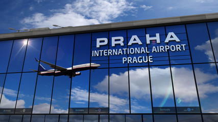 Airplane landing at Praha, Prague mirrored in terminal - obrazy, fototapety, plakaty